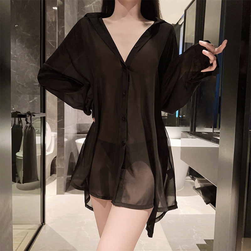 Image of erotic lingerie feminine see-through uniform temptation plus size backless shirt passion boyfriend style pajamas set 8850